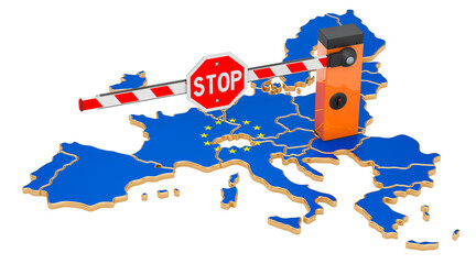 Border close in the European Union. Customs and border protection concept. 3D rendering - obrazy, fototapety, plakaty