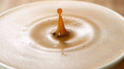 coffee expresso with coffee splash in mug, freeze motion.