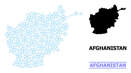 Vector mosaic map of Afghanistan done for New Year, Christmas celebration, and winter. Mosaic map of Afghanistan is composed from light blue snowflakes.