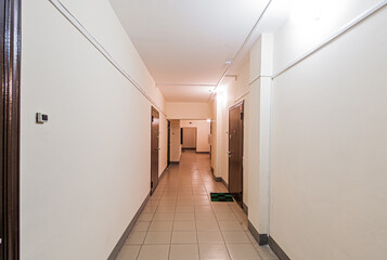 Russia, Moscow- April 17, 2020: interior public place, house entrance. doors, walls, staircase corridors