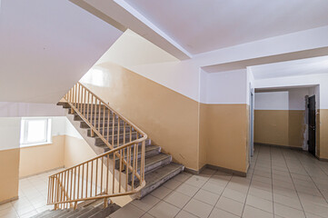 Russia, Moscow- April 17, 2020: interior public place, house entrance. doors, walls, staircase corridors