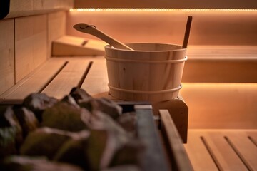 Sauna bucket in hot cosy sauna room - no people. - 397569919