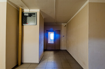 Russia, Moscow- April 17, 2020: interior public place, house entrance. doors, walls, staircase corridors