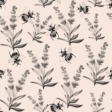Watercolor seamless pattern of bee, lavender flower.