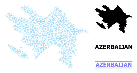 Vector collage map of Azerbaijan designed for New Year, Christmas celebration, and winter. Mosaic map of Azerbaijan is designed of light blue snow elements.