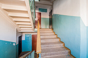 Russia, Moscow- April 17, 2020: interior public place, house entrance. doors, walls, staircase corridors, stairs, steps