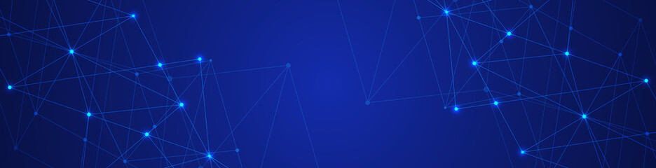 Website header or banner design with abstract geometric background and connecting dots and lines. Global network connection. Digital technology with plexus background and space for your text.