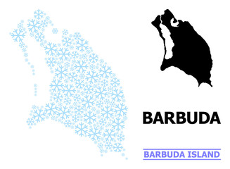 Vector mosaic map of Barbuda Island constructed for New Year, Christmas celebration, and winter. Mosaic map of Barbuda Island is done with light blue snow items.