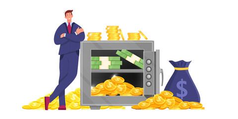 Metal bank safe finance vector illustration with successful trader, opened strongbox,dollar bills, pile of golden coins. Secure storage concept with money bag, stacks.Bank safe budget isolated clipart