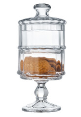 Glass cookie jar with chocolate chip cookies inside on white background