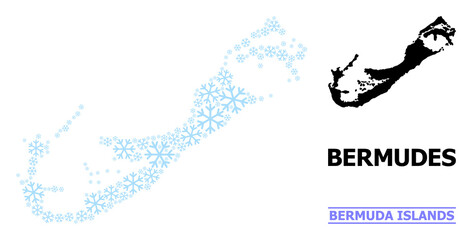 Vector collage map of Bermuda Islands designed for New Year, Christmas celebration, and winter. Mosaic map of Bermuda Islands is shaped of light blue ice crystals.
