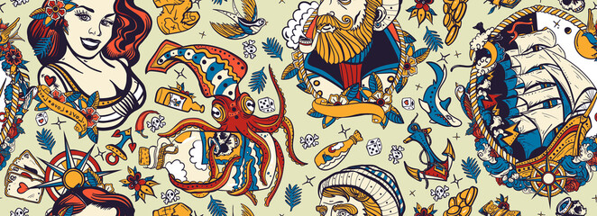 Sea adventure vintage seamless pattern. Old school tattoo style. Marine background. Funny underwater monster. Sea wolf captain, octopus kraken, pirate ship and sailor girl. Nautical art © intueri