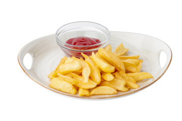 French fries with ketchup sauce on white plate