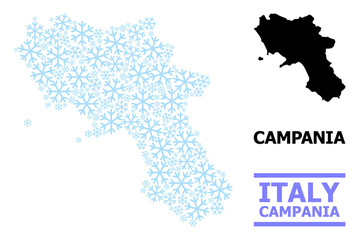 Obraz premium Vector mosaic map of Campania region combined for New Year, Christmas celebration, and winter. Mosaic map of Campania region is shaped from light blue snow items.