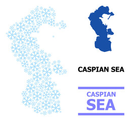 Obraz premium Vector mosaic map of Caspian Sea constructed for New Year, Christmas celebration, and winter. Mosaic map of Caspian Sea is formed with light blue snow icons.