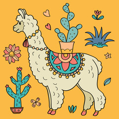 Cute Vector Llama and Cactus Design Elements