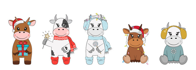 Christmas bulls set. Ox horoscope sign. Happy new year. Vector illustration.