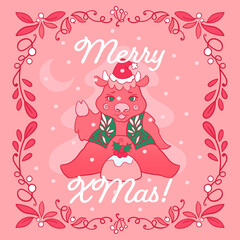 Happy 2021, square layout - Greeting card with baby ox character and plum pudding. Christmas greeting banner for social media, red and green palette. Hand drawn ox zodiac, square template for postcard