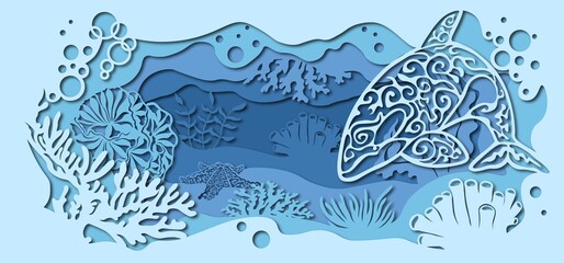 fauna with marine animals. template for making a lamp or postcard. vector image for laser cutting and plotter printing.