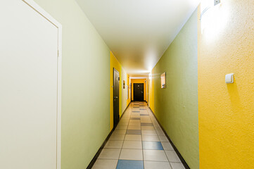 Russia, Moscow- April 17, 2020: interior public place, house entrance. doors, walls, staircase corridors