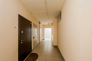 Russia, Moscow- April 17, 2020: interior public place, house entrance. doors, walls, staircase corridors