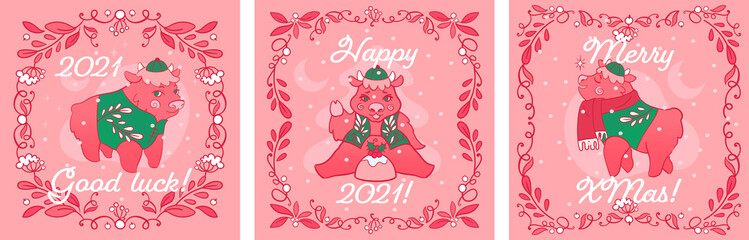 Square templates of Christmas greeting cards with twigs frames. Greeting cards with zodiac bulls in chinese costumes. Three layouts of hand drawn postcards with cute oxes in modern style