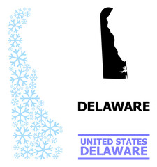 Vector collage map of Delaware State designed for New Year, Christmas celebration, and winter. Mosaic map of Delaware State is designed of light blue snow elements.