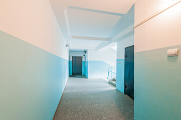 Russia, Moscow- April 17, 2020: interior public place, house entrance. doors, walls, staircase corridors