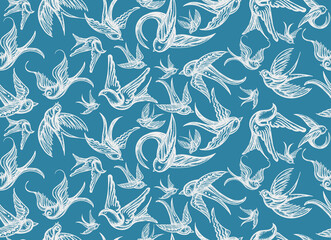 Swallows birds seamless pattern. Old school tattoo art