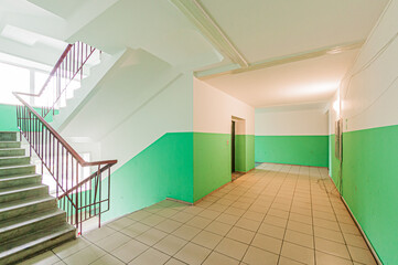 Russia, Moscow- April 17, 2020: interior public place, house entrance. doors, walls, staircase corridors
