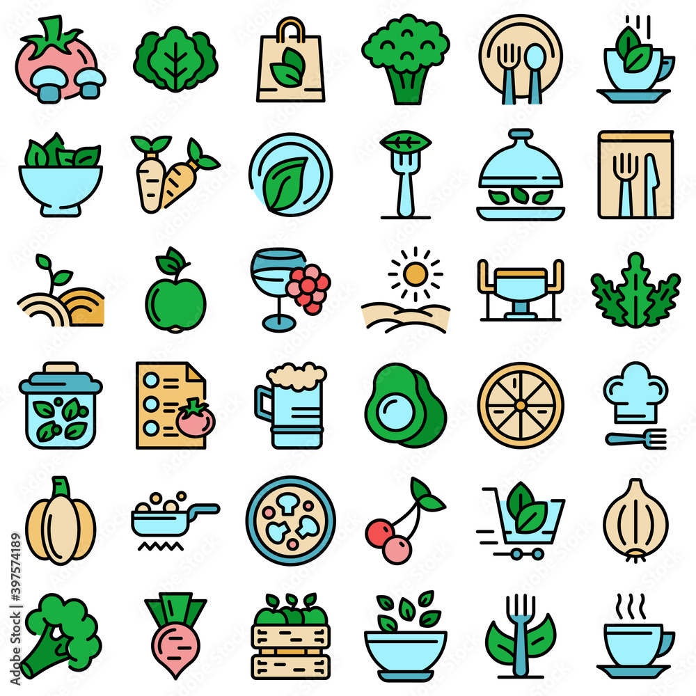 Wall mural organic restaurant icons set. outline set of organic restaurant vector icons thin line color flat on