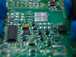 Micro electronics components. Semiconductor elements and micro schemes closeup.