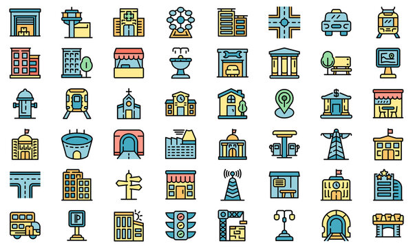 City Infrastructure Icons Set. Outline Set Of City Infrastructure Vector Icons Thin Line Color Flat On White