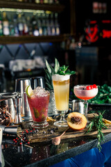 refreshing delicious cocktail with fresh fruit pieces