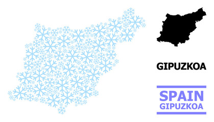 Obraz premium Vector mosaic map of Gipuzkoa Province combined for New Year, Christmas celebration, and winter. Mosaic map of Gipuzkoa Province is constructed of light blue snow items.