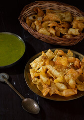 Indian Breakfast Dish Sola Fali or Masala Papri Served With Green Chutney