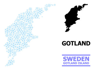 Obraz premium Vector mosaic map of Gotland Island combined for New Year, Christmas celebration, and winter. Mosaic map of Gotland Island is created of light blue snow items.