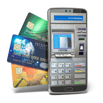 Mobile online banking and payment concept. Smart phone as ATM. Elements of this image furnished by NASA.