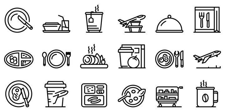 Airline food icons set. Outline set of airline food vector icons for web design isolated on white background