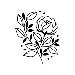 Hand drawn vector feminine logo design line art. Rose flower and botanical leaf branch illustration. Symbols and icon for wedding, business card, cosmetics, jewel, brand, and beauty products