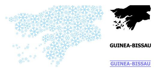 Vector mosaic map of Guinea-Bissau created for New Year, Christmas celebration, and winter. Mosaic map of Guinea-Bissau is made of light blue snow items.