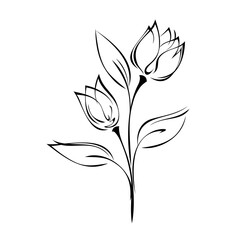 ornament 1413. two stylized flower buds on stems with leaves in black lines on a white background