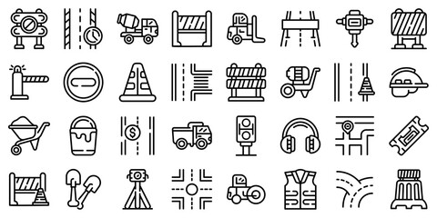 Highway construction icons set. Outline set of highway construction vector icons for web design isolated on white background