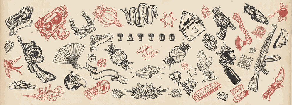 Tattoo elements collection. Big set for design. Old school flash tattooing style, vector graphic art