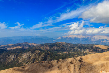 View of the Taurus mountains from a top of Tahtali mountain near Kemer, Antalya Province in Turkey