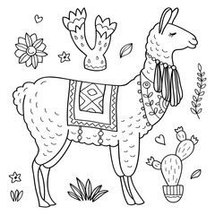 Cute Vector Llama and Cactus coloring page © irmaiirma