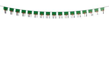 nice many Algeria flags or banners hangs on rope isolated on white - any celebration flag 3d illustration..