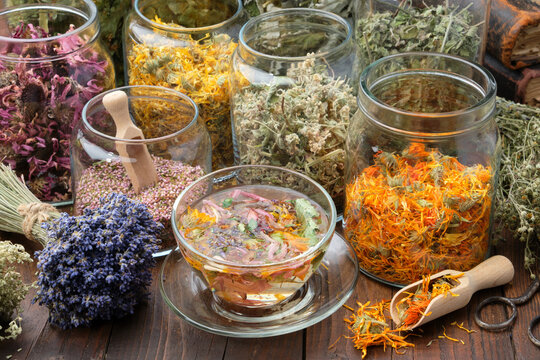 Cup of healthy calendula tea, Jars of dry medicinal herbs - heather, calendula, coneflowers, melissa, linden tree flowers, bunch of dry lavender on wooden table. Alternative medicine.