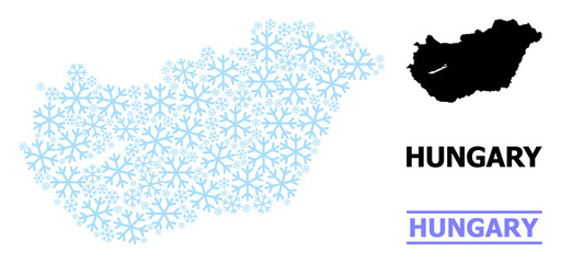 Obraz premium Vector mosaic map of Hungary created for New Year, Christmas celebration, and winter. Mosaic map of Hungary is designed from light blue snow icons. Design template for patriotic and New Year projects.