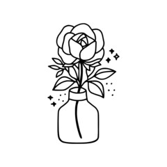 Hand drawn vector feminine logo design line art. Rose flowers, bottle, jar, and botanical leaf branch illustration. Symbols and icon for wedding, business card, cosmetics, jewel, and beauty products